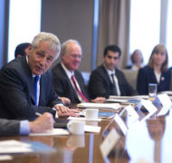 Secretary of defense chuck hagel second from left meets with corporate and non profit veterans organizations leadership at a round table hosted by j p morgan chase in new york city 131101 d bw835 273
