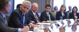 Secretary of defense chuck hagel second from left meets with corporate and non profit veterans organizations leadership at a round table hosted by j p morgan chase in new york city 131101 d bw835 273